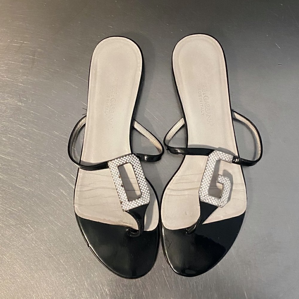 Dolce Gabbana Rhinestone Logo Flat Sandals Black Size 7